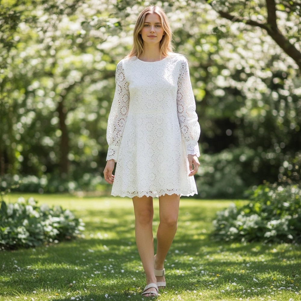 Lilly Pulitzer White Eyelet Long Sleeve Shift Dress Floral Lace Size 14